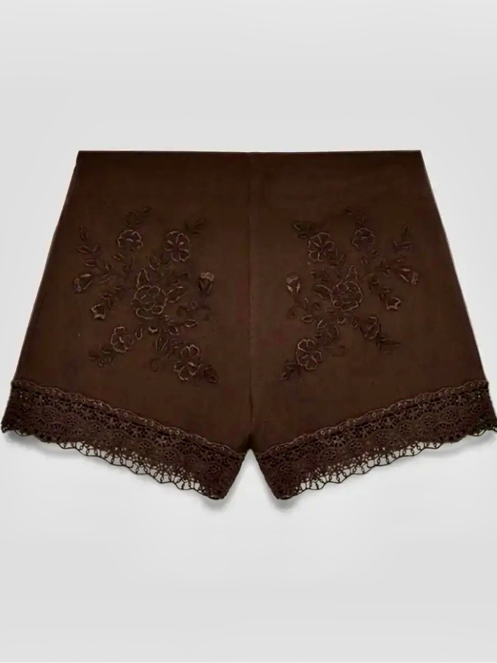 Zara NWT Dark Brown Floral Embroidered Lace Trim Women’s Shorts